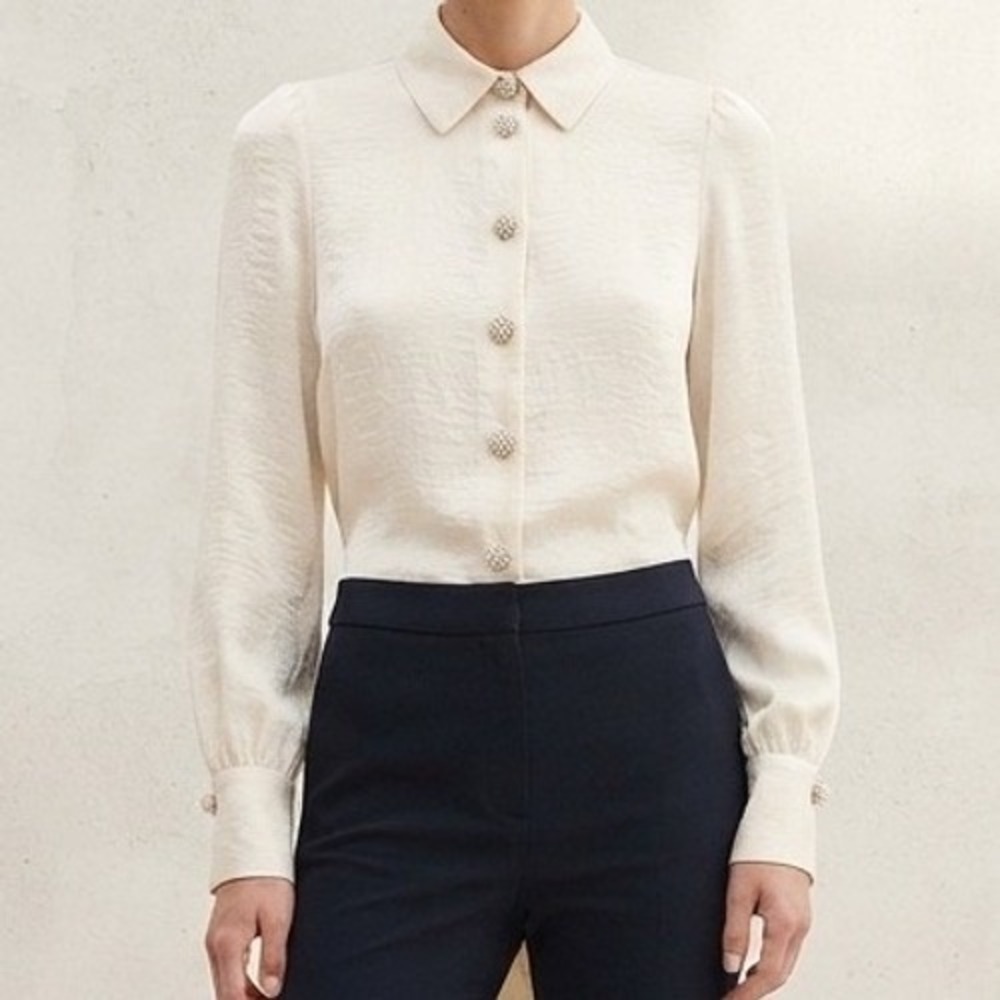 Zara Cream Pearl Button Tie Back Blouse Long Sleeve Textured Top Womens XS